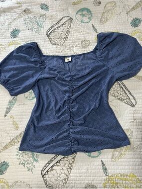 Wrapper Navy Blue Eyelet Puff-Sleeve Ruched Top